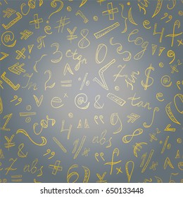 Seamless Pattern of Golden Hand Drawn Doodle Symbols and Numbers. Scribble Mathematics Signs. Vector Illustration.