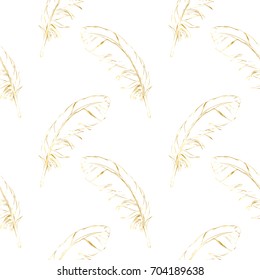 Seamless pattern golden hand-drawn feathers on a white background. Vector
