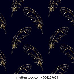 Seamless pattern golden hand-drawn feathers on a dark background. Vector