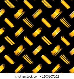 Seamless pattern with golden hand-drawn ink brush strokes isolated on black background. Rough geometric shapes vector backdrop. Doodle style abstract grunge texture.
