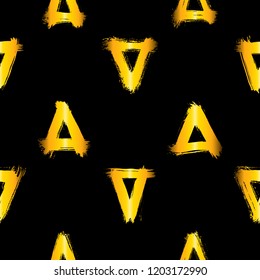 Seamless pattern with golden hand-drawn uneven triangles isolated on black background. Rough geometric shapes, pyramids vector backdrop. Ink doodle style abstract grunge texture.
