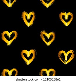 Seamless pattern with golden hand-drawn uneven hearts isolated on black background. Ink doodle style abstract grunge texture.