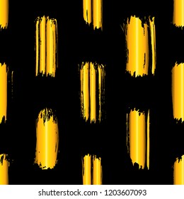 Seamless pattern with golden hand-drawn vertical brush strokes isolated on black background. Rough geometric shapes vector backdrop. Ink doodle style abstract grunge texture.