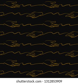 Seamless pattern with golden hands underline. Hand drawn gold line art on black background. Doodle brush, pen, marker illustration.