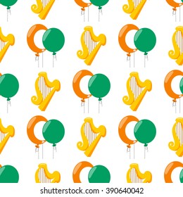Seamless pattern with golden harp and a balloons.