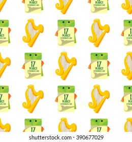 Seamless pattern with golden harp and a calendar on 17 March.