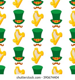 Seamless pattern with golden harp and a green hat.