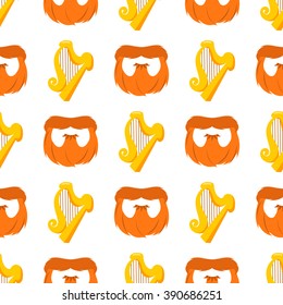 Seamless pattern with golden harp and a red beard.