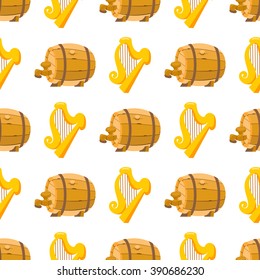Seamless pattern with golden harp and a wooden beer barrel.