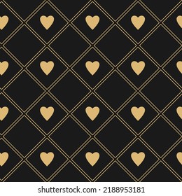 Seamless pattern with golden hearts card suits. Casino gambling, poker background. Alice in wonderland ornament. Fantasy wallpaper.