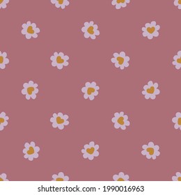 seamless pattern of golden hearts in the center of daisies on a dark pink background for prints on fabrics for light clothes, bedding, packaging, greeting backgrounds and also for interior decoration
