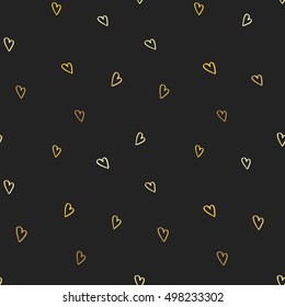 Seamless pattern with golden hearts. Decorative design for eco forest wedding or autumn celebrations. Rustic floral symbols and elements on black chalkboard.