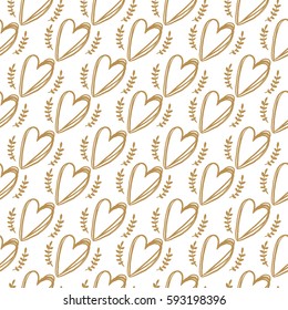 Seamless Pattern from Golden Hearts in doodle style on White Background. Hand drawn abstract pattern. May used for Paper Print, Fabric Print. Vector illustration