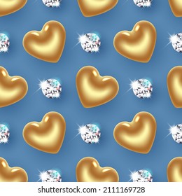 Patrón sin foco con corazones dorados y diamantes brillantes. Diseño de paquetes para el Día de San Valentín, Día de la Mujer, Aniversario, Cumpleaños. En un fondo azul. Vector.