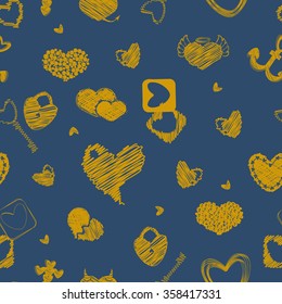 Seamless Pattern with Golden Hearts. St. Valentine's Day or Weddings Design Element. Doodle Style. Vector background.