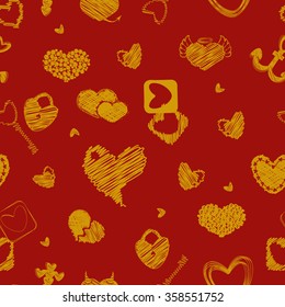 Seamless Pattern with golden Hearts. St. Valentine's Day or Weddings Design Element. Doodle Style. Vector background.