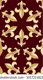 Seamless pattern with golden heraldic fleur de lis flowers