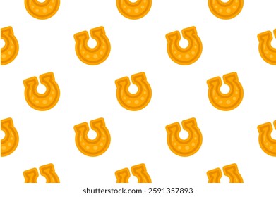 Seamless pattern with golden horseshoes on a white background, symbolizing good luck and fortune. Ideal for festive designs and St. Patrick’s Day crafts.