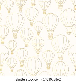 Seamless pattern with golden hot air balloons in outline. Wallpaper with gold airships for boys and girls. Vector concept background for children poster or card. Cute baby print. 