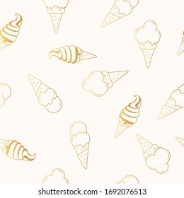 Seamless pattern with golden ice cream in outline. Summer party background. Gold texture with cold yogurt, caramel for textile.
