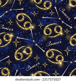 Seamless pattern with golden icon of zodiac sign Cancer, constellation with stars, text, third eye, all seeing eye on blue background. Esoteric concept. For prints, clothing, t shirt, surface design