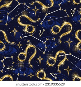 Seamless pattern with golden icon of zodiac sign Leo, constellation with stars, text, third eye, all seeing eye on blue background. Esoteric concept. For prints, clothing, t shirt, surface design