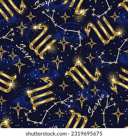 Patrón sin brillo con icono dorado de signo zodiaco Scorpio, constelación con estrellas, texto, tercer ojo, todos viendo el fondo azul. Concepto estotérico. Para impresiones, ropa, camisetas, diseño de superficie