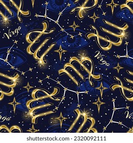 Seamless pattern with golden icon of zodiac sign Virgo, constellation with stars, text, third eye, all seeing eye on blue background. Esoteric concept. For prints, clothing, t shirt, surface design