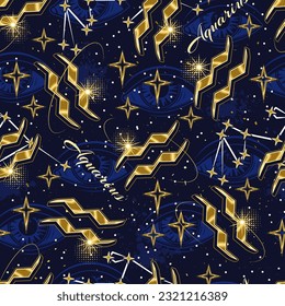 Seamless pattern with golden icon of zodiac sign Aquarius, constellation with stars, text, third eye, all seeing eye on blue background. Esoteric concept. For prints, clothing, t shirt, surface design