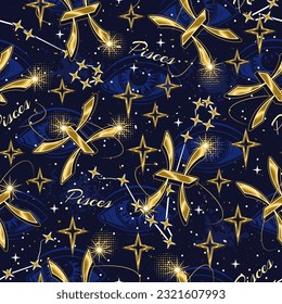 Seamless pattern with golden icon of zodiac sign Pisces, constellation with stars, text, third eye, all seeing eye on blue background. Esoteric concept. For prints, clothing, t shirt, surface design