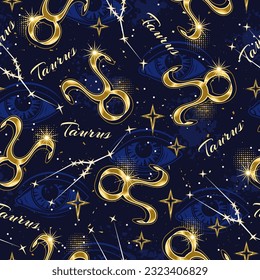 Seamless pattern with golden icon of zodiac sign Taurus, constellation with stars, text, third eye, all seeing eye on blue background. Esoteric concept. For prints, clothing, t shirt, surface design.