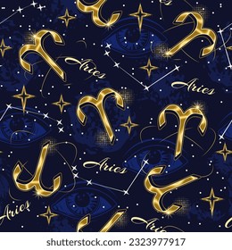 Seamless pattern with golden icon of zodiac sign Aries, constellation with stars, text, third eye, all seeing eye on dark blue background. For prints, clothing, t shirt, surface design. Vintage style