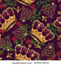 Seamless pattern with golden imperial crown, red roses, fleur de lis sign. Chaotic scattered objects. Luxury kitsch vintage style.