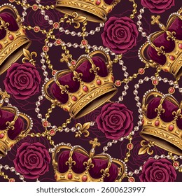 Seamless pattern with golden imperial crown, scattered jewelry, pearl necklaces, red roses. Chaotic scattered objects. Luxury kitsch vintage style.
