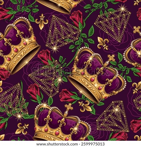 Seamless pattern with golden imperial crown, red roses, fleur de lis sign. Chaotic scattered objects. Luxury kitsch vintage style.