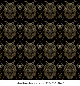 Seamless pattern with golden insects and diamonds on a black background. Golden pattern with bugs. Vector illustration