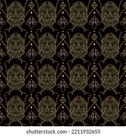 Seamless pattern with golden insects and diamonds on a black background. Golden pattern with bugs. Vector illustration