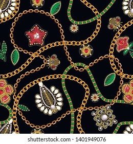 Seamless pattern with golden jewelry and chain. Vector.