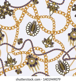 Seamless pattern with golden jewelry and chain. Vector.