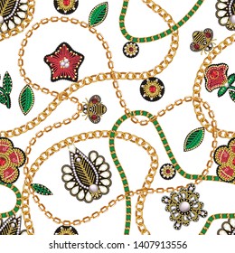 Seamless pattern with golden jewelry and chain. Vector.