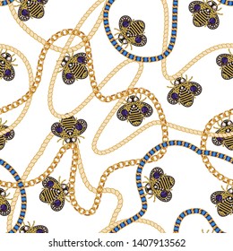 Seamless pattern with golden jewelry and chain. Vector.