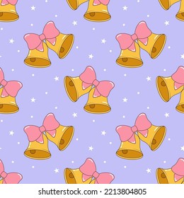 Seamless pattern with golden Jingle bells decorated with pink bow. Pop art sticker, trippy groovy vector. Great for wrapping, wallpaper, card. Funky positive background. Trendy y2k retro hippie print