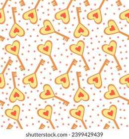 Seamless pattern, golden keys from the heart on a white background. Background for Valentine's Day, vector