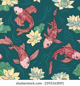 Seamless pattern with Golden Koi carp, Chinese new year. Gold fish for festival design, line art of koi fish