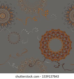 Seamless pattern - golden lace patterns, brown shades of the contours - coffee, dark and milk chocolate. The background is gray. Greeting card, invitation, curtains, scarf, tablecloth, bedding.