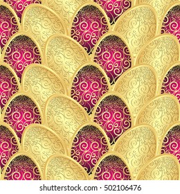 Seamless pattern with golden lacy gradient Easter eggs, vector