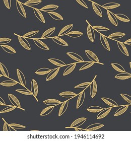 Seamless pattern with golden leaves and branches isolated on black background. Design for Holidays decoration, wrapping paper, print, fabric or textile. Vector illustration.