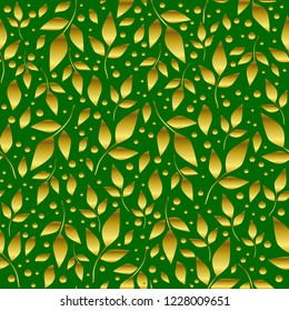 Seamless pattern with golden leaves and dots on green background for decoration, wrapping paper, scrapbooking, decoupage, textile, wallpaper, cover, background, fabric, cover, packaging