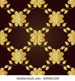 Seamless Pattern with Golden Leaves  and Flowers. Gold on dark background.Decorative Golden Texture.