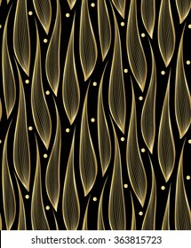 Seamless Pattern with Golden Leaves. Gold on Black background.Decorative Golden Texture.